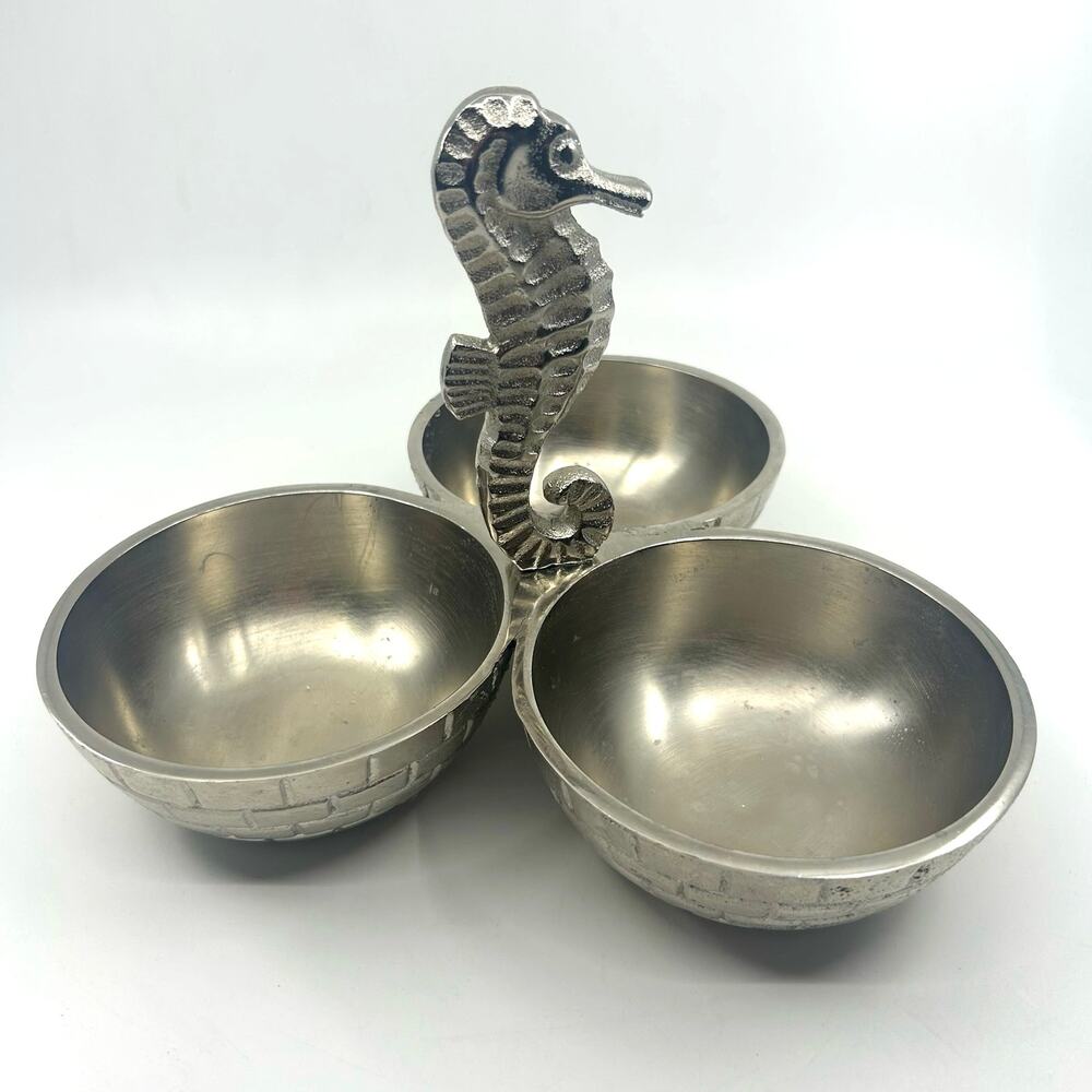 Sigrid Olsen Condiment Dish Silver Metal Seahorse Triple Serving Bowls Servewear